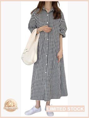 Summer Short Sleeve Cotton Gingham Dress Plaid Midi Shirt Dress Loose Fit